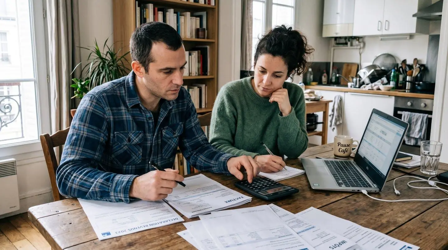 Couple consultant des documents financiers avec une calculatrice et un ordinateur portable dans un intérieur moderne et lumineux
