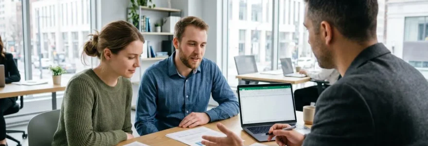 Un courtier en crédit immobilier consulte des documents avec un jeune couple vu de dos dans un bureau lumineux et contemporain