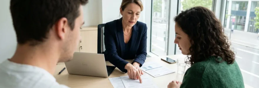 Un courtier en crédit immobilier consulte des documents avec un jeune couple vu de dos dans un bureau lumineux et contemporain