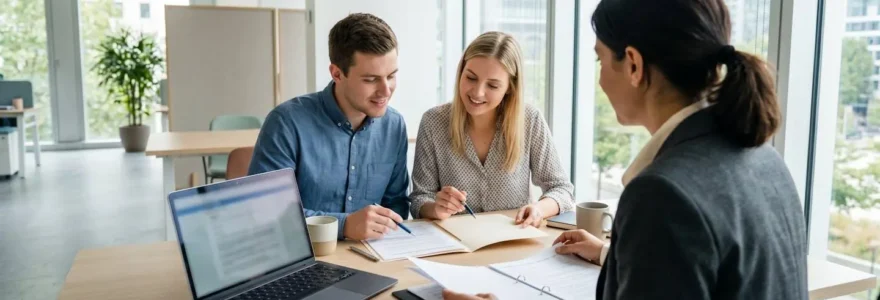 Un courtier en crédit immobilier consulte des documents avec un jeune couple vu de dos dans un bureau lumineux et contemporain