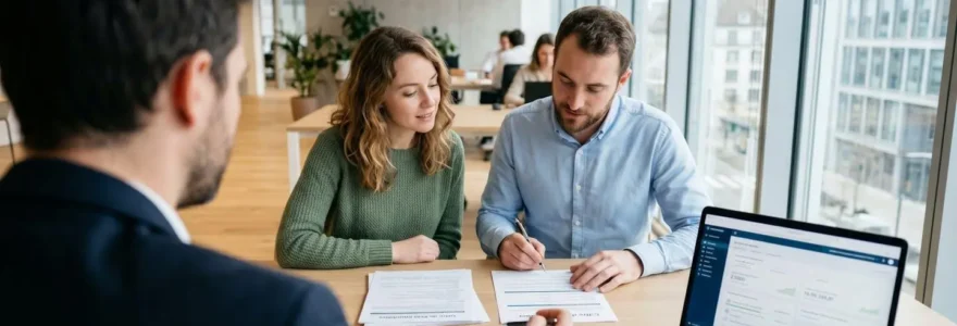 Un courtier en crédit immobilier consulte des documents avec un jeune couple vu de dos dans un bureau lumineux et contemporain