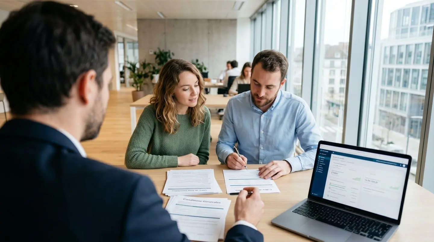 Un courtier en crédit immobilier consulte des documents avec un jeune couple vu de dos dans un bureau lumineux et contemporain