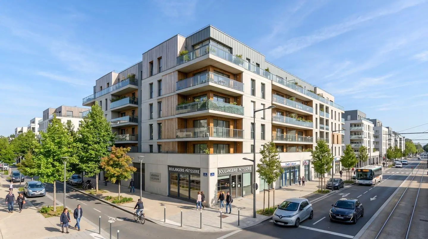 Façade d'un immeuble résidentiel contemporain dans un quartier nantais, rue calme avec ciel lumineux en arrière-plan