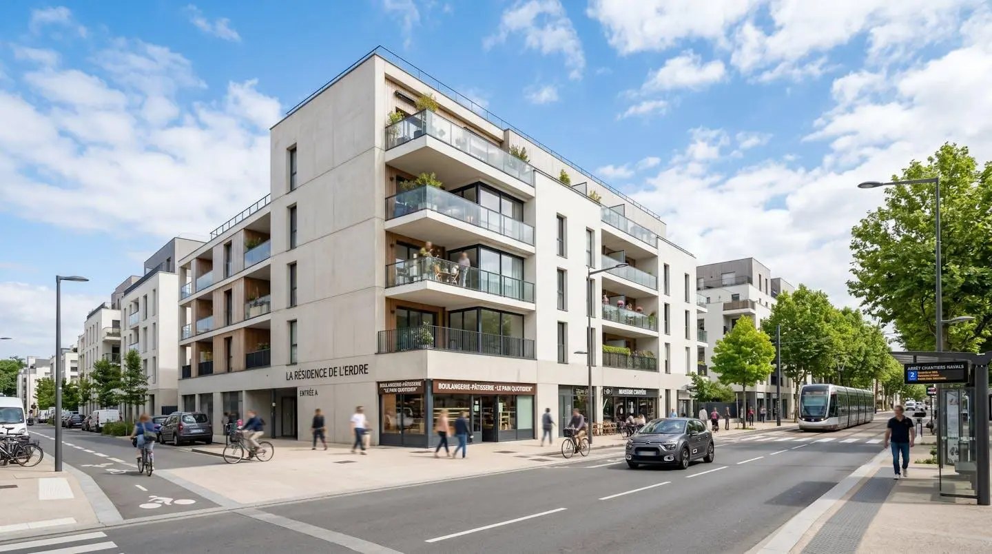 Façade d'un immeuble résidentiel contemporain dans un quartier nantais, rue calme avec ciel lumineux en arrière-plan