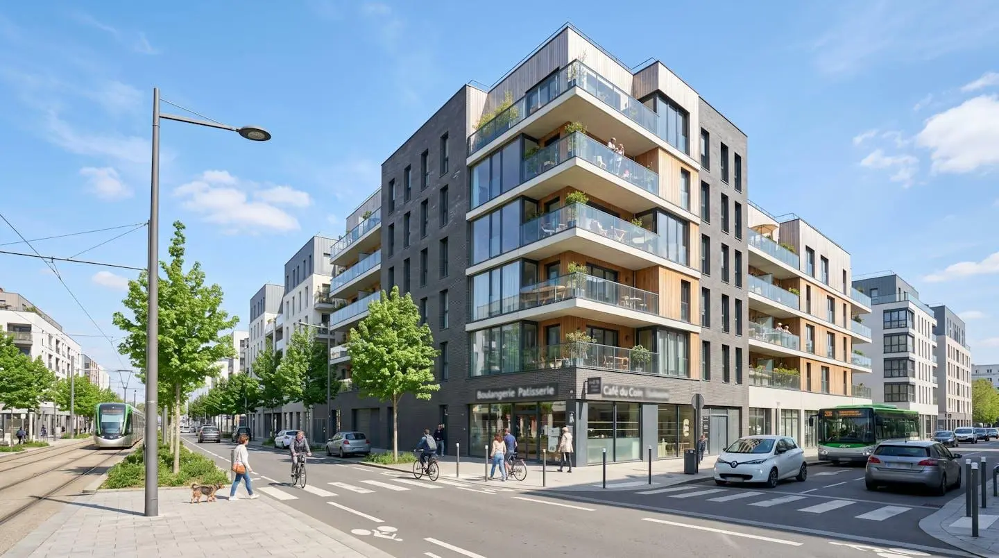 Façade d'un immeuble résidentiel contemporain dans un quartier nantais, rue calme avec ciel lumineux en arrière-plan