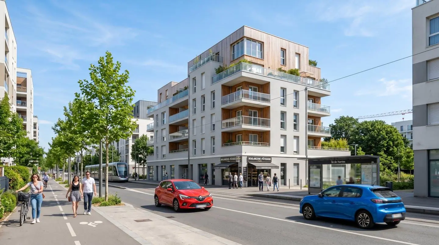 Façade d'un immeuble résidentiel contemporain dans un quartier nantais, rue calme avec ciel lumineux en arrière-plan