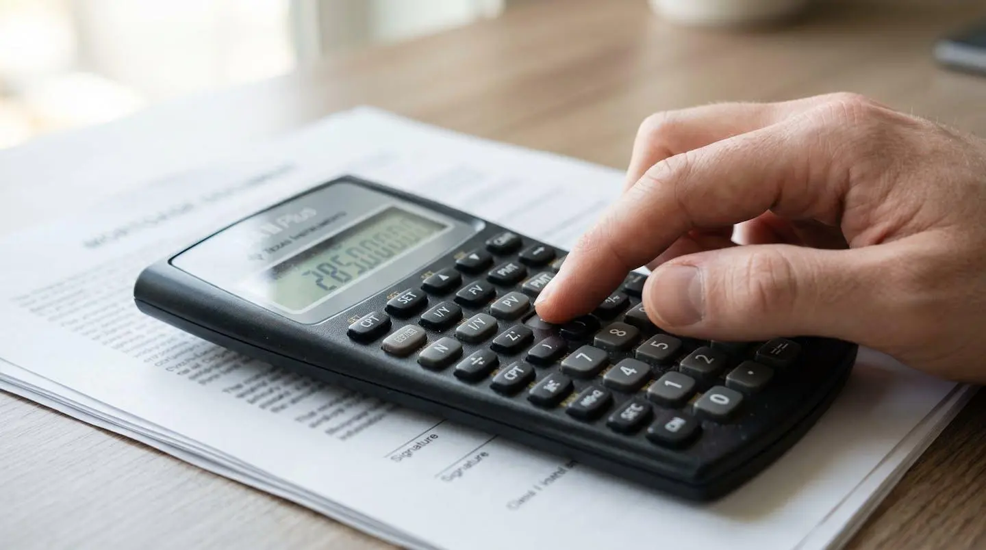 Gros plan sur une main utilisant une calculatrice professionnelle posée sur des documents de crédit immobilier, avec un arrière-plan flouté