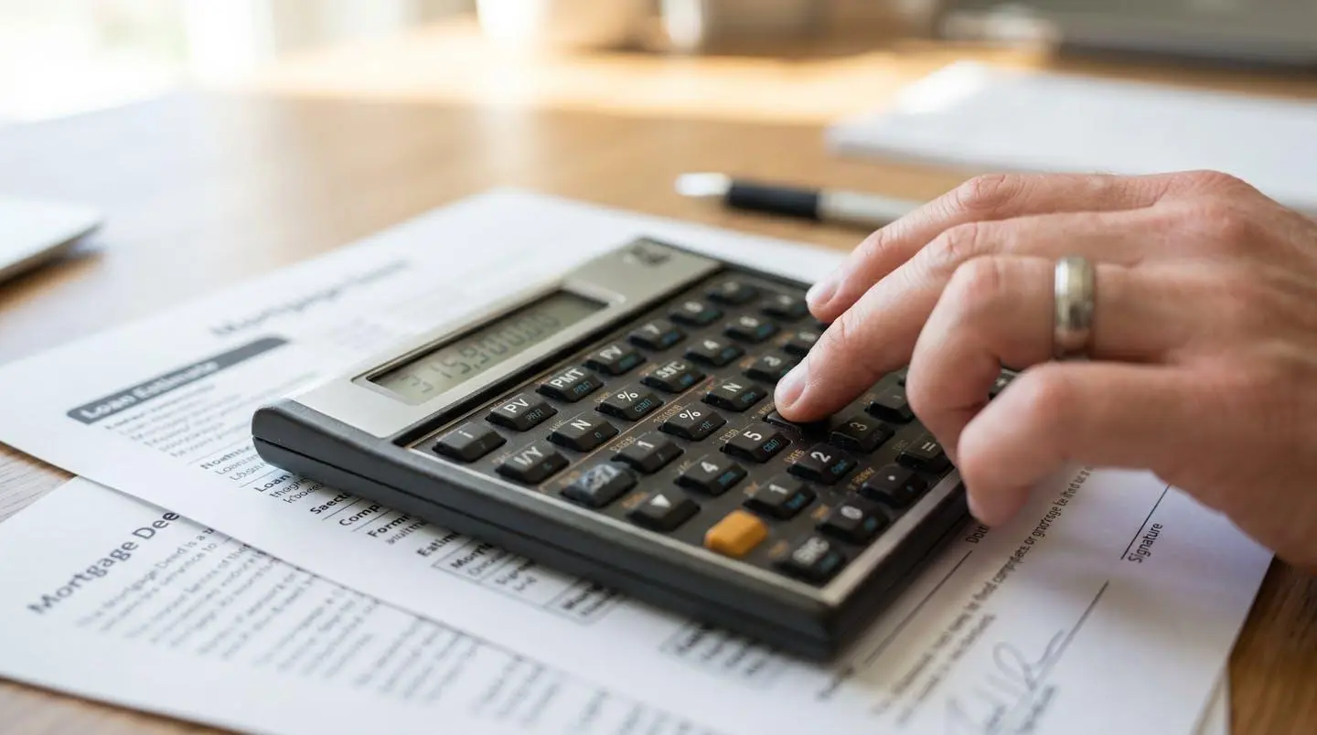 Gros plan sur une main utilisant une calculatrice professionnelle posée sur des documents de crédit immobilier, avec un arrière-plan flouté
