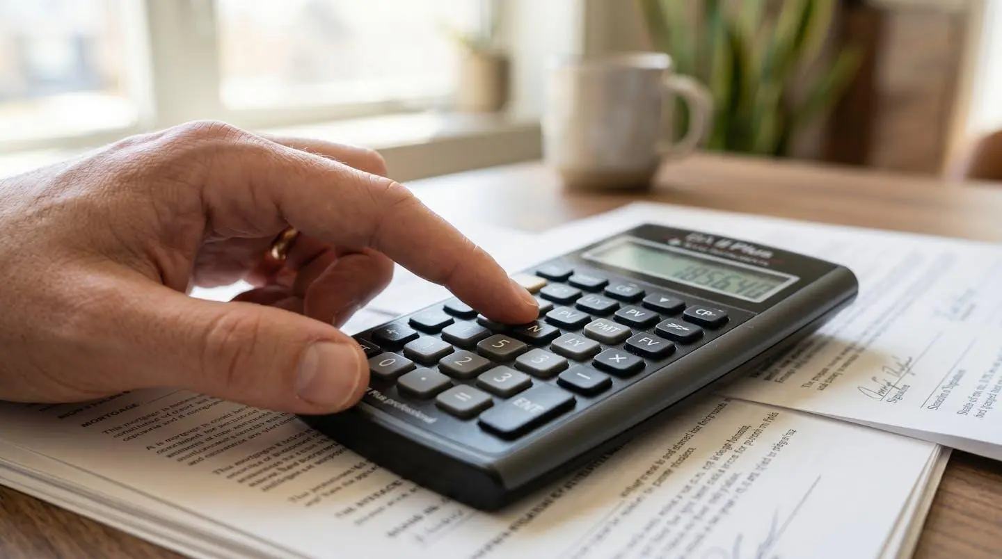 Gros plan sur une main utilisant une calculatrice professionnelle posée sur des documents de crédit immobilier, avec un arrière-plan flouté