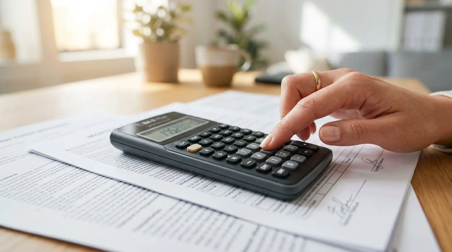 Gros plan sur une main utilisant une calculatrice professionnelle posée sur des documents de crédit immobilier, avec un arrière-plan flouté
