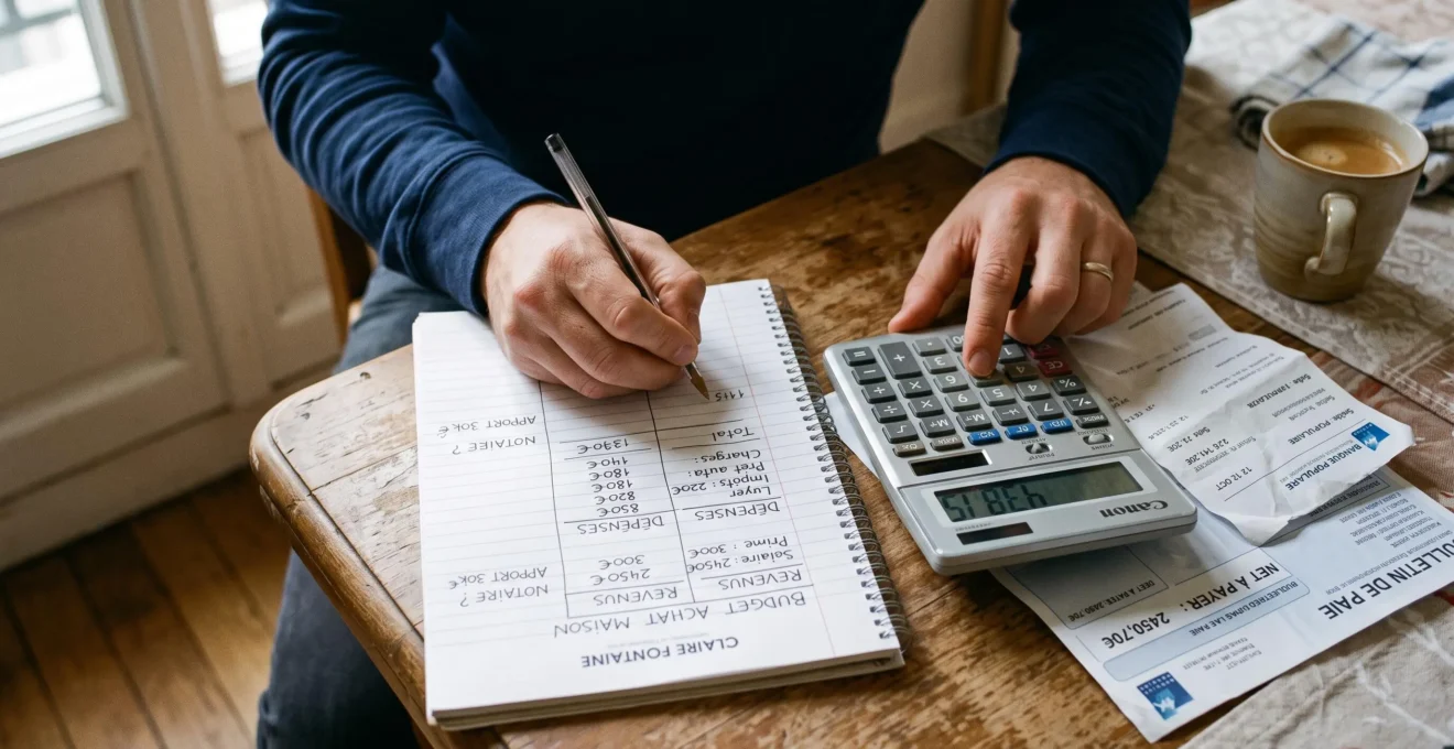 Une personne calcule son budget avec une calculatrice et des relevés posés sur une table de cuisine.