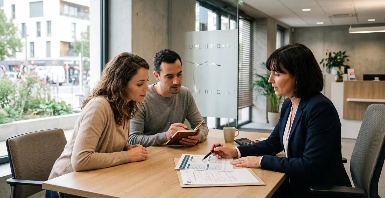 Un couple examine avec un conseiller bancaire un plan de financement immobilier au sein d'une agence.