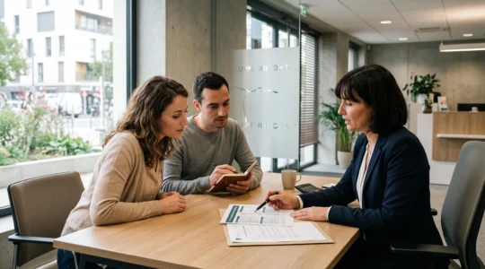 Un couple examine avec un conseiller bancaire un plan de financement immobilier au sein d'une agence.