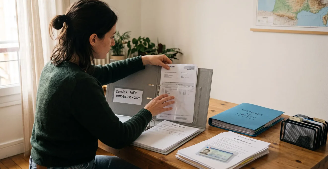 Une personne range des justificatifs et relevés bancaires dans un classeur pour préparer son dossier de prêt.